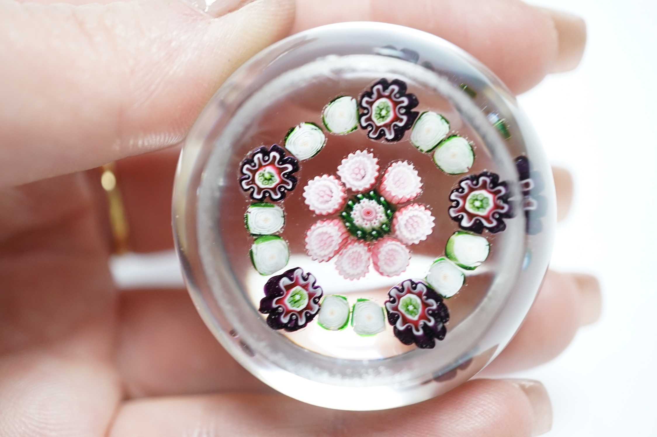 A small Clichy green and white cabbage roses paperweight, 4.2cm